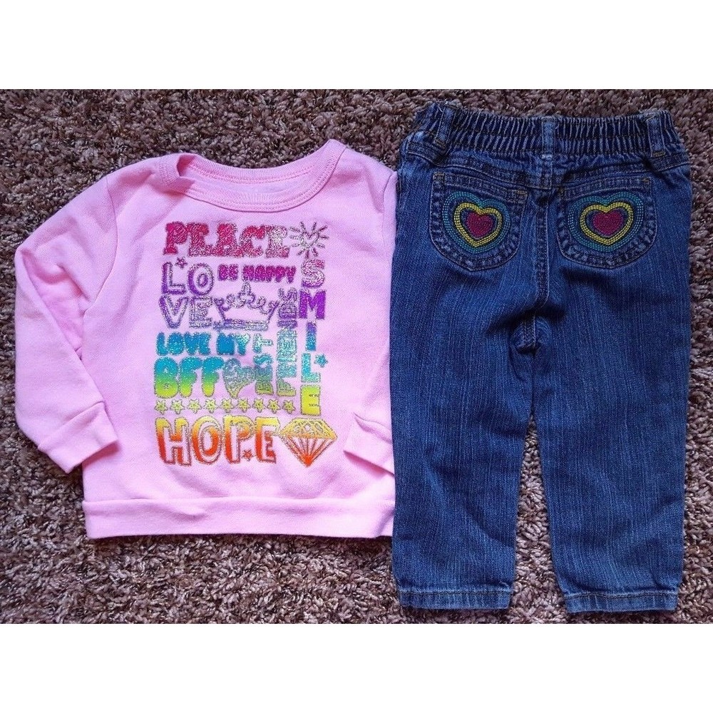 Girl's Size 18M 12-18 Months 2 Pc Pink Peace Love Sweatshirt, Carter's Jeans